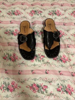 Think! Women’s Black Leather Kitten Heel Sandals with Decorative Buckle